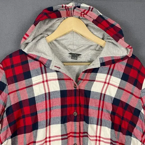 Eddie Bauer Shirt Jacket Women's XL Red Ivory Plaid Hi-Low Button Front Hooded - Picture 3 of 16